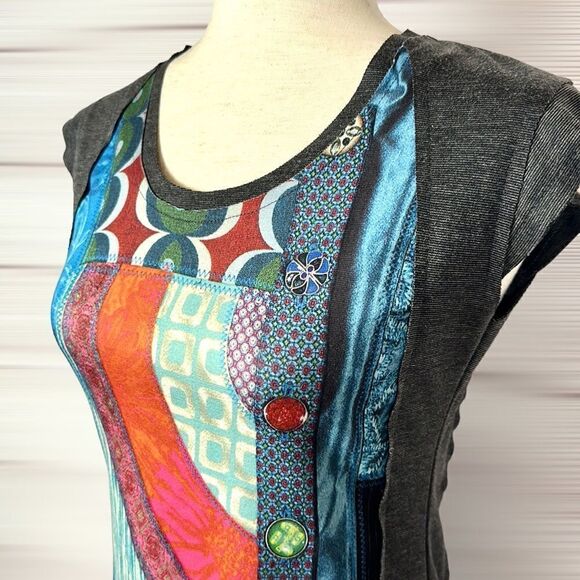 Desigual Patchwork Multicolor Front Sheath Cap Sleeve Fitted Mini Dress M - Picture 6 of 16